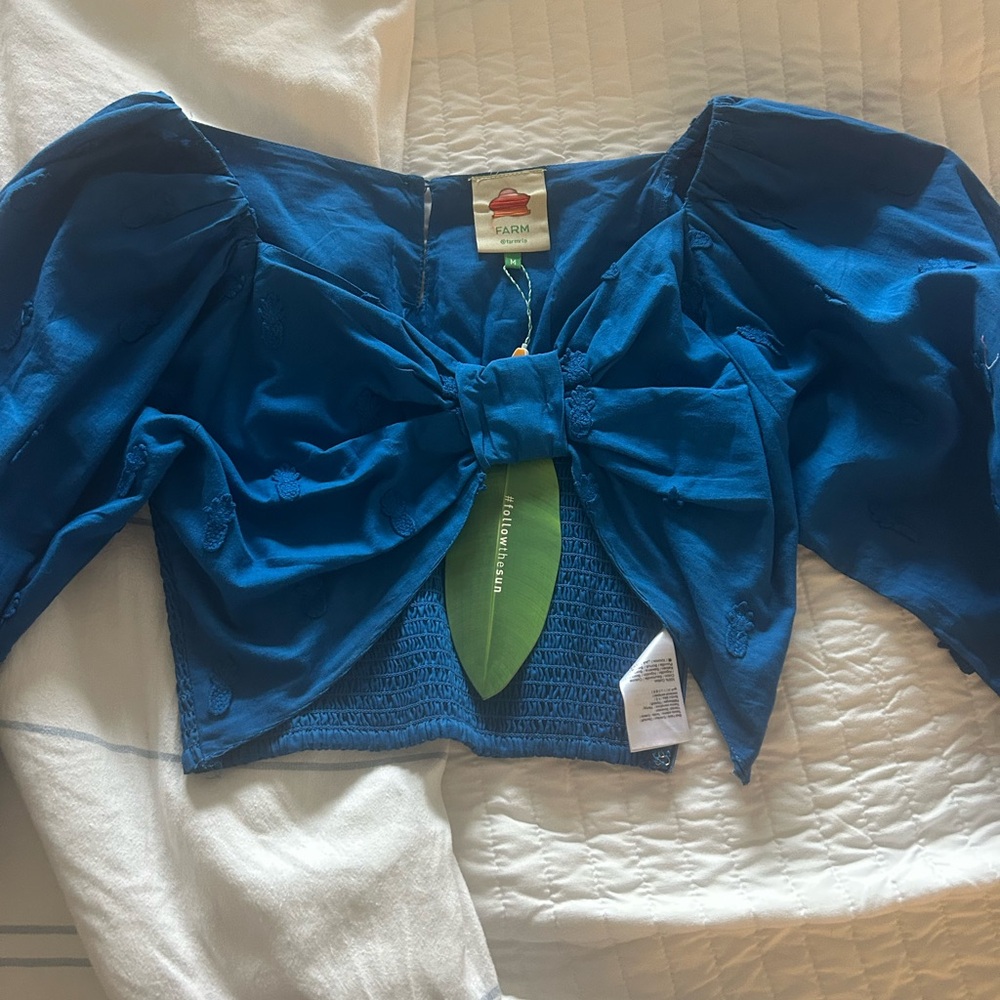 Farm Rio Eyelet Blue Women's Top with Bow Detail